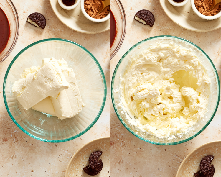 Side-by-side image of beating the softened cream cheese.