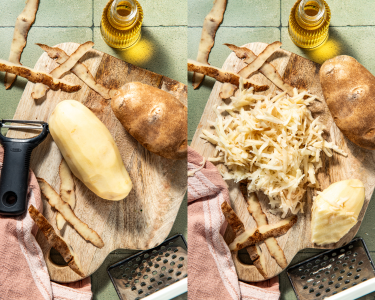 Side-by-side image of peel and shredding the russet potatoes for potato pancake.