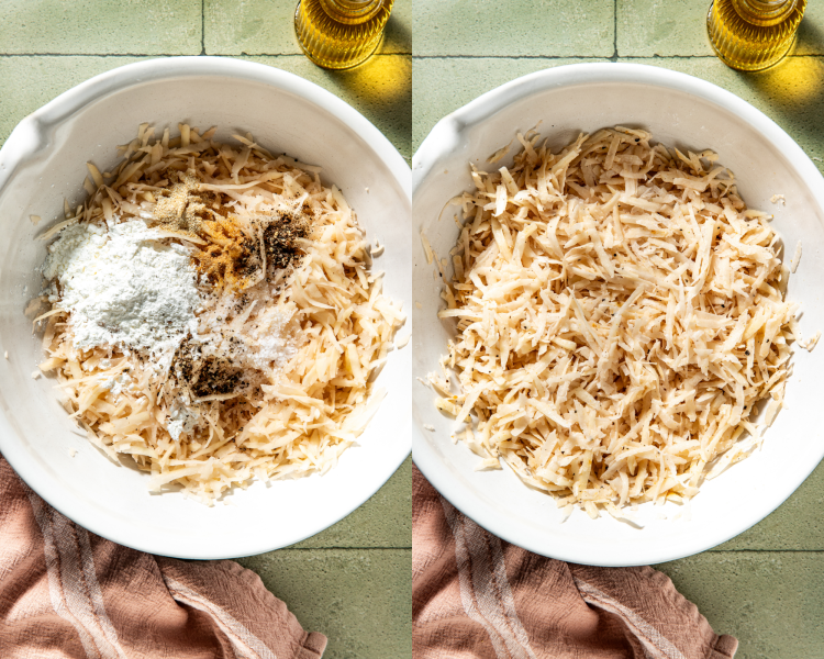 Side-by-side of mixing shredded potatoes with seasonings in mixing bowl for potato pancake.