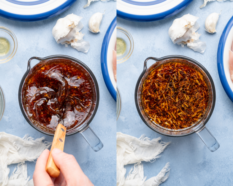 Side-by-side image of mixing together the ingredients for the sauce in a small mixing bowl.