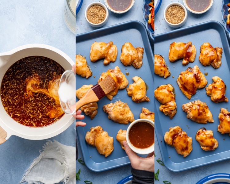 Three images side by side showing how to add the cornstarch slurry to the sauce in a small sauce pan, then brushing on chicken the last few minutes of broiling.
