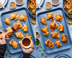 Side-by-side image of brushing the chicken thighs with more sauce before broiling for 5-8 minutes to get crispy.