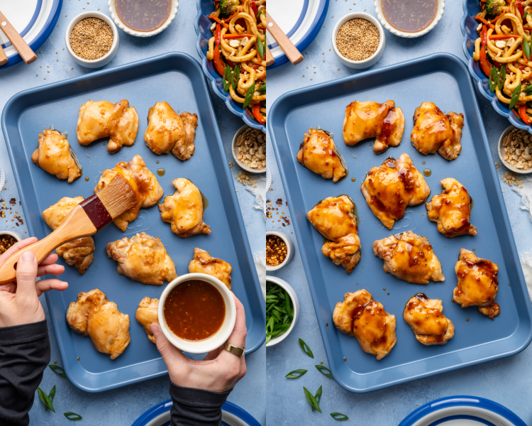 Side-by-side image of brushing the chicken thighs with more sauce before broiling for 5-8 minutes to get crispy.