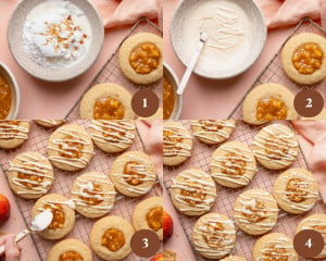 Four-frame collage showing the finishing steps for peach cobbler cookies. The first frame shows powdered sugar and cream being combined for the glaze, the second frame shows smooth white glaze in a bowl, the third frame shows glaze being drizzled over the peach-filled cookies, and the fourth frame shows the finished cookies topped with glaze and graham cracker crumbs.