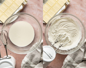 Overhead image of white chocolate mousse being spooned into scalloped glass dessert dishes arranged on a metal sheet pan, with some dishes already filled.