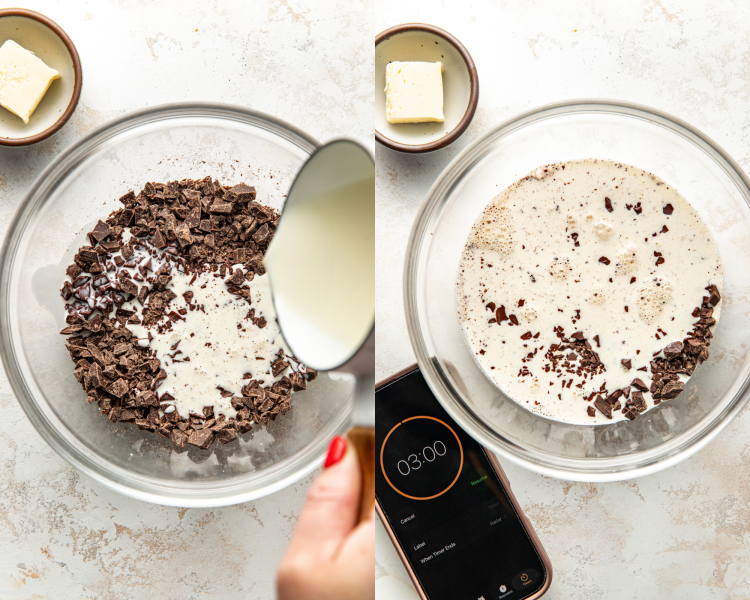 Side-by-side image of pouring warm cream over chopped chocolate and setting a timer on the phone for three minutes to let it sit before stirring.