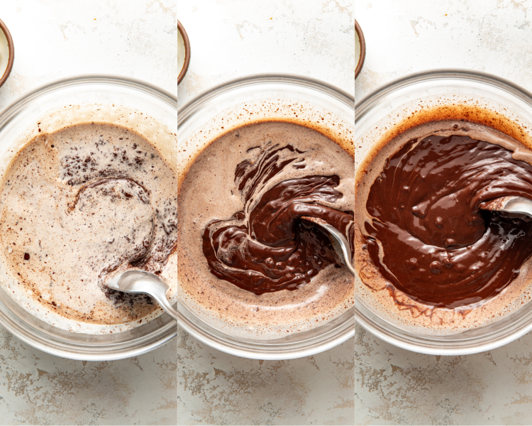 Three images side-by-side showing mixing the warmed cream and chocolate together after letting it sit for three minutes.