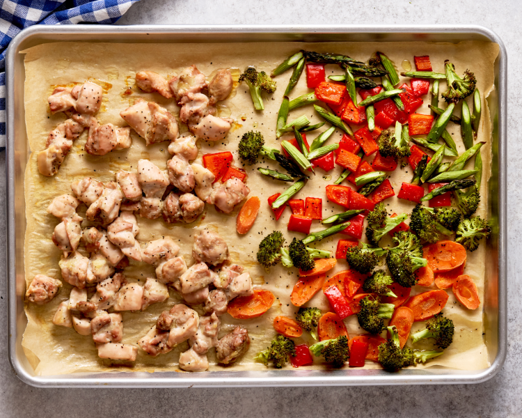 Chicken and veggies roasted in the oven for 20 minutes.