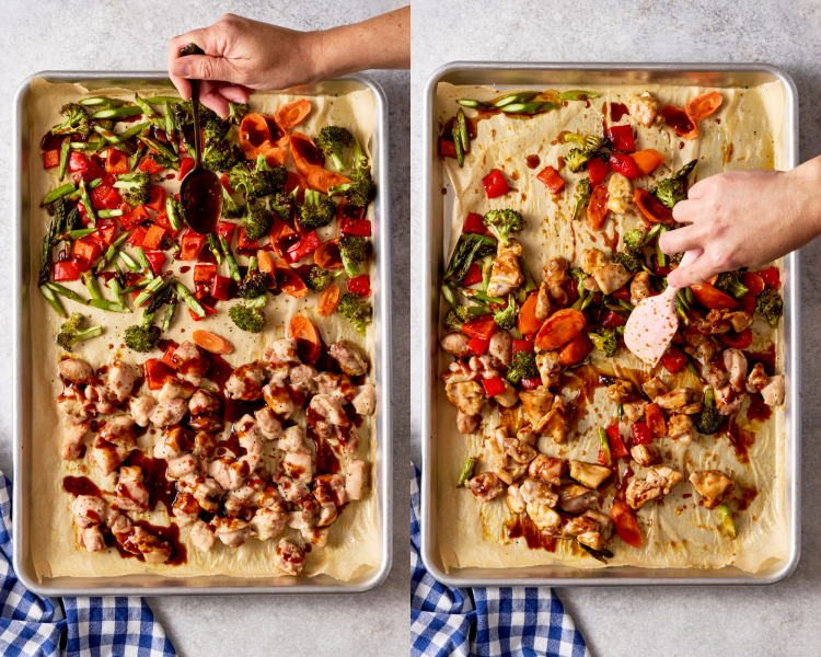 Side-by-side image of adding sauce to cooked chicken and veggies then tossing to combine.