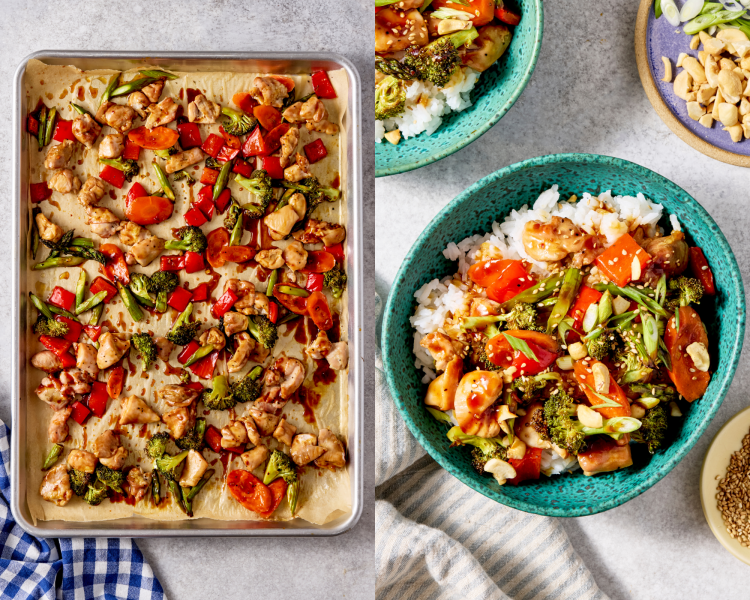 Side-by-side image of placing the chicken with sauce back in the oven for a few minutes to finish then serving in a bowl over rice.
