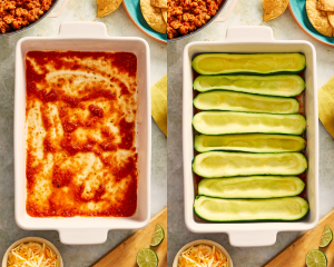 Side-by-side of pouring 1/2 cup salsa on bottom of pan then adding the blanched and dried zucchini boats.