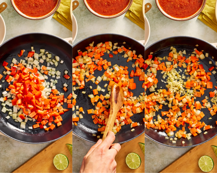Three images side-by-side of cooking pepper and onions then adding garlic.