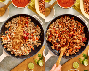 Side-by-side photo of adding taco seasoning and tomato paste to ground turkey.