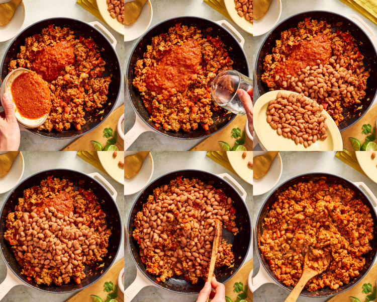Six images showing how to add the salsa, water and pinto beans to turkey mixture and cooking until combined.