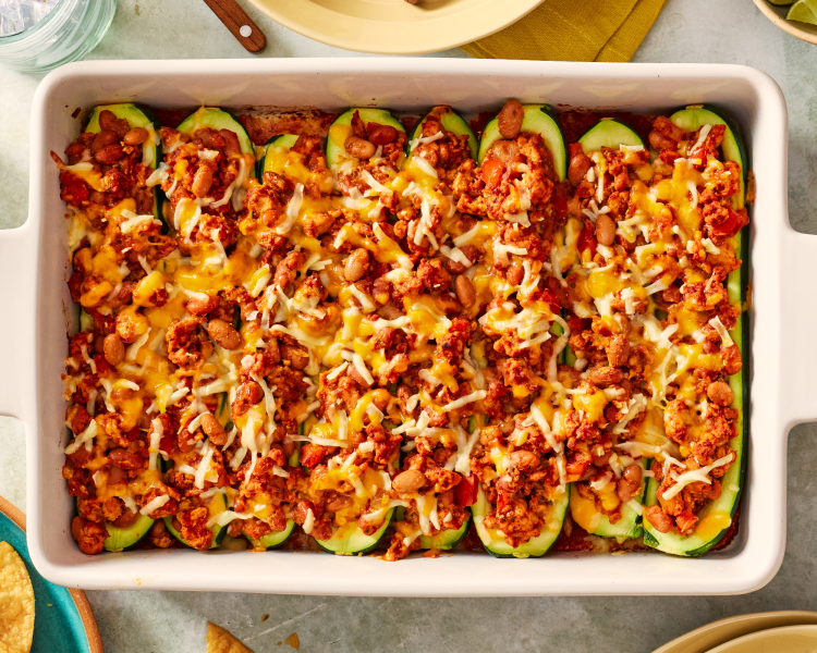 Zucchini boats after baking for 25-30 minutes.