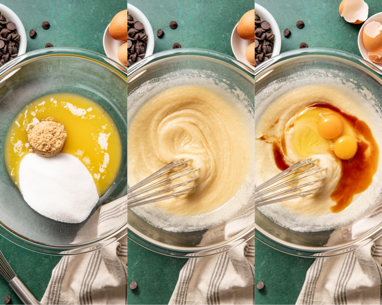 Three images side-by-side showing whisking the wet ingredients together.