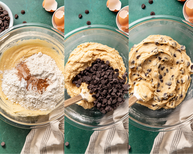Three images side-by-side showing adding the dry ingredients and chocolate chips to wet ingredients and mixing to form cookie dough.