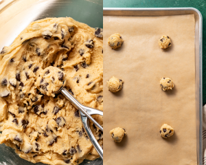 Side-by-side image of tate's bake shop cookie dough scooping into 1 tbsp. sized balls and placed on a baking sheet.