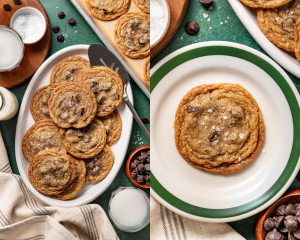 Side-by-side of letting tate's bake shop copycat cookies cool then serving them on a plate.