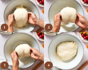 Step-by-step collage demonstrating stretch and fold techniques to strengthen focaccia dough after mixing.