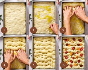 Step-by-step collage showing how to drizzle focaccia dough with olive oil, dimple the surface, and top with cherry tomatoes and fresh rosemary before baking.