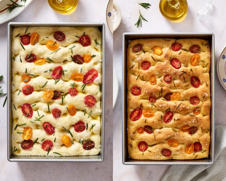 Before and after comparison of tomato rosemary focaccia, showing the dough before baking and the finished golden brown focaccia fresh from the oven.