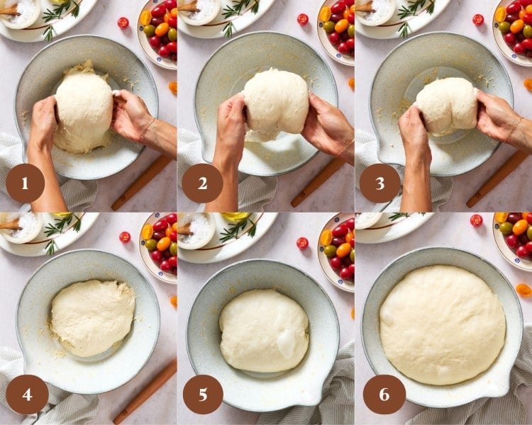 Step-by-step collage showing the stretch and fold technique for same-day focaccia dough, followed by the dough resting and rising until doubled in size and smooth.