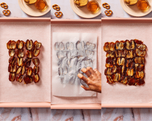 Three images side-by-side showing how to arrange and press down dates to create date layer.