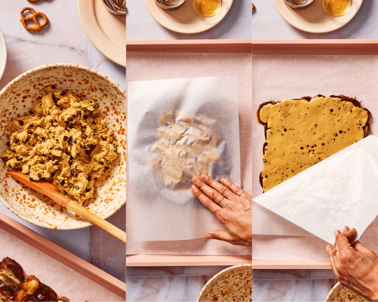 Three images showing how to make cookie dough then adding it to the date layer.