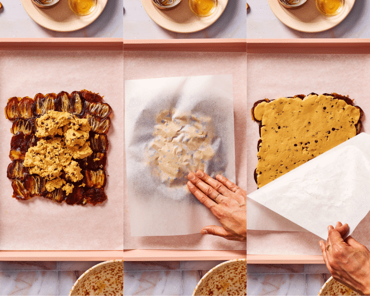 Three images side-by-side showing adding the cookie dough layer to the date layer and pressing down.