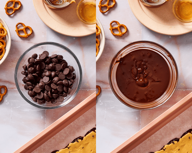Side-by-side of melting dark chocolate chips in small glass bowl.