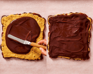 Side-by-side of spreading melted chocolate over cookie dough layer.