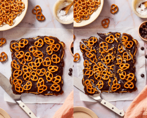 Side-by-side image of pulling date bark out of fridge after chilling and cutting into pieces.