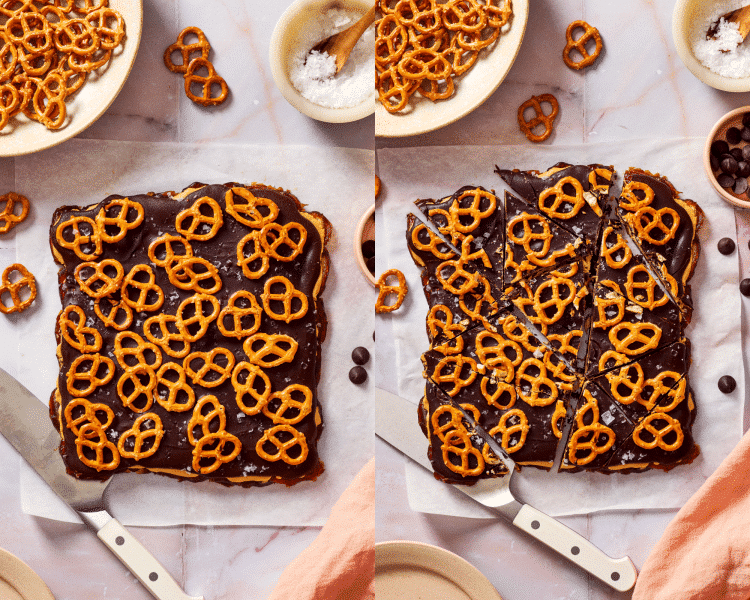 Side-by-side image of pulling date bark out of fridge after chilling and cutting into pieces.
