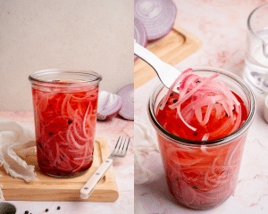 Side-by-side of pickles marinating in brine then fork lifting onions out of jar.