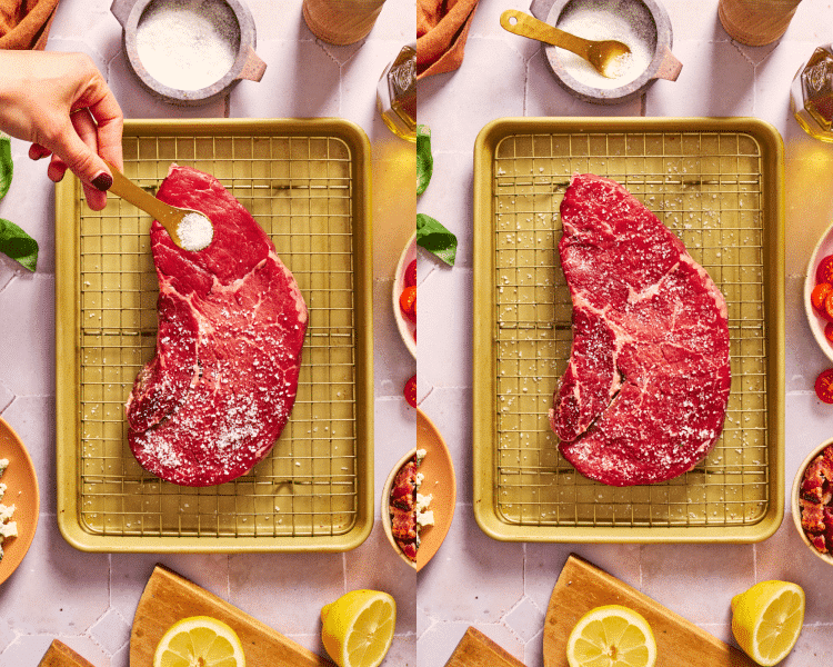 Side-by-side image of dry brining the steak with salt and letting it sit int the fridge for 45 minutes up to overnight.