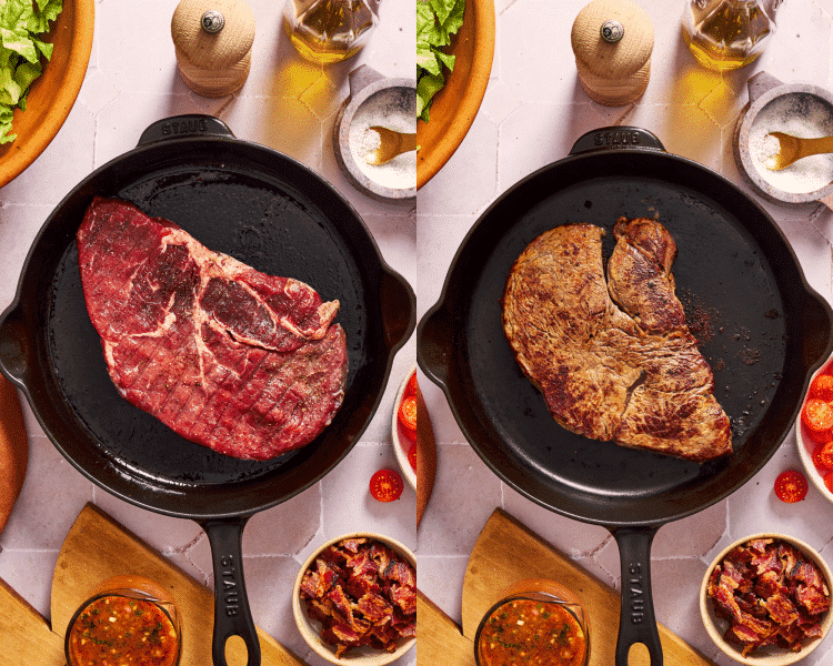 Side-by-side of searing steak in cast iron skillet on each side before putting into the oven to finish cooking.