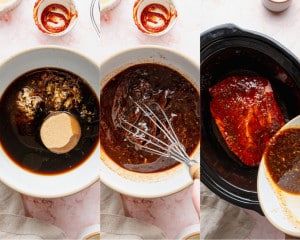 Step-by-step photos showing the Korean-inspired sauce ingredients added to a bowl, whisked together, then poured over a chuck roast in a slow cooker.
