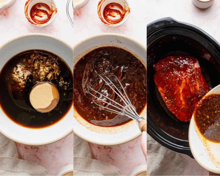 Step-by-step photos showing the Korean-inspired sauce ingredients added to a bowl, whisked together, then poured over a chuck roast in a slow cooker.