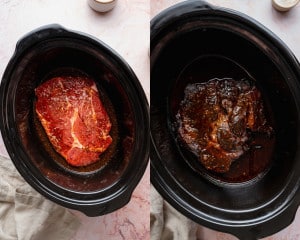 Before and after photos of a chuck roast in a slow cooker, showing the beef raw with sauce and fully cooked until tender.