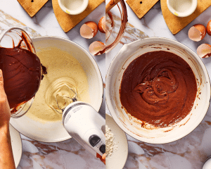 Side-by-side of adding melting chocolate into whipped butter and sugars.