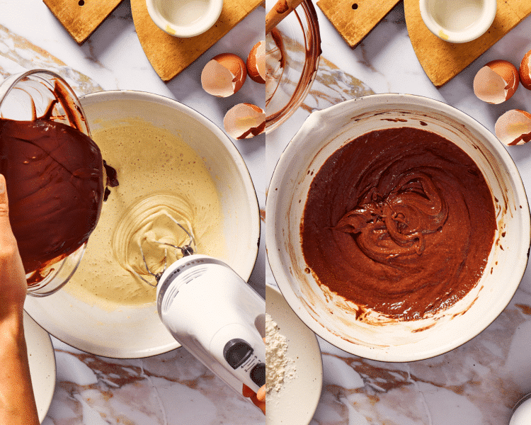 Side-by-side of adding melting chocolate into whipped butter and sugars.