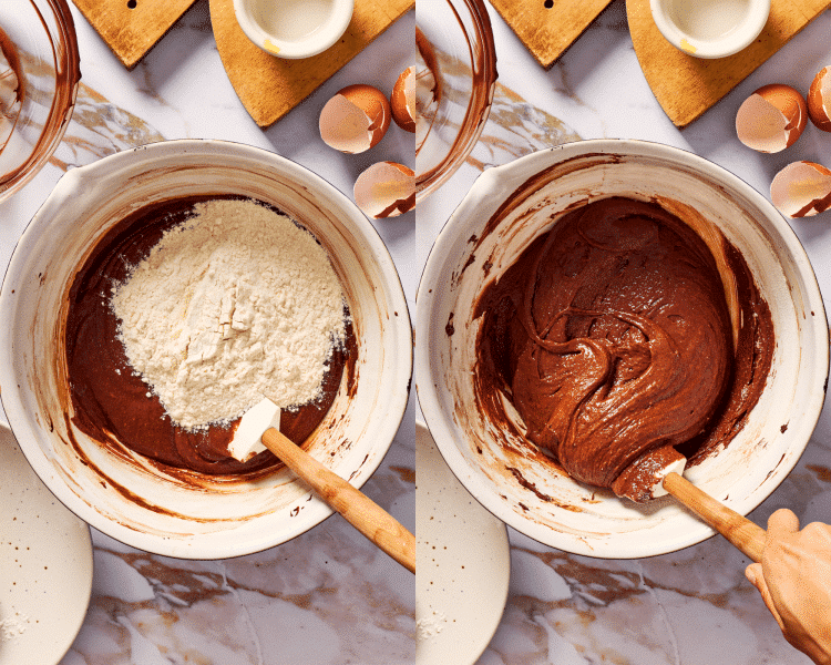 Side-by-side image of adding in the dry ingredients to brownie batter.