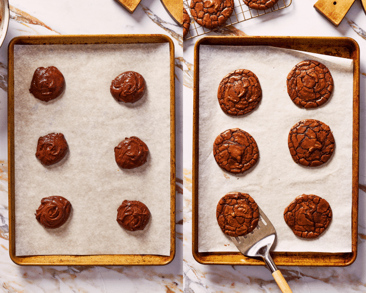 Side-by-side of scooping cookies onto prepared baking sheet then baking for 9-10 minutes.
