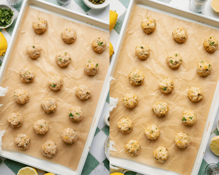 Side-by-side of forming meatballs and baking them on large baking sheet lined with parchment paper.