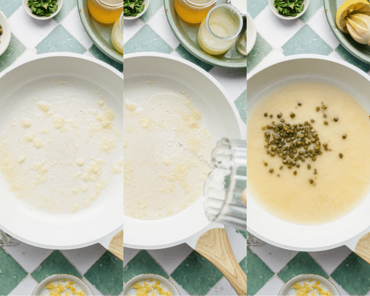 Three images side-by-side of building the sauce.