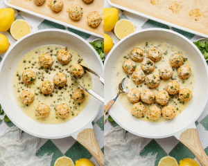 Side-by-side image of adding meatballs back into sauce and spoon sauce onto meatballs until it thickens.