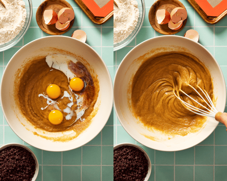 Side-by-side of adding wet ingredients to butter and sugars.