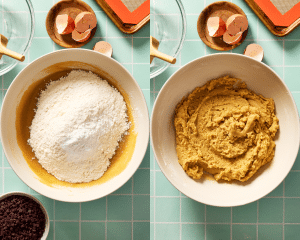 Side-by-side of adding dry ingredients to cookie dough.