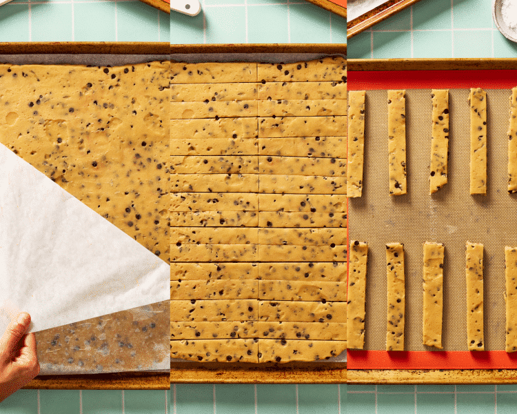 Three images side-by-side showing rolling, cutting and placing cookie fries on baking mat.